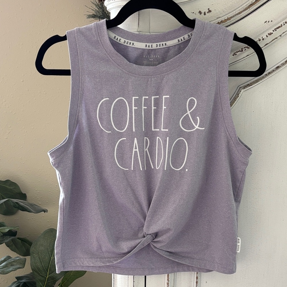 Rae Dunn Coffee & Cardio Twist Crop Tank Women's Medium Heather Purple Top